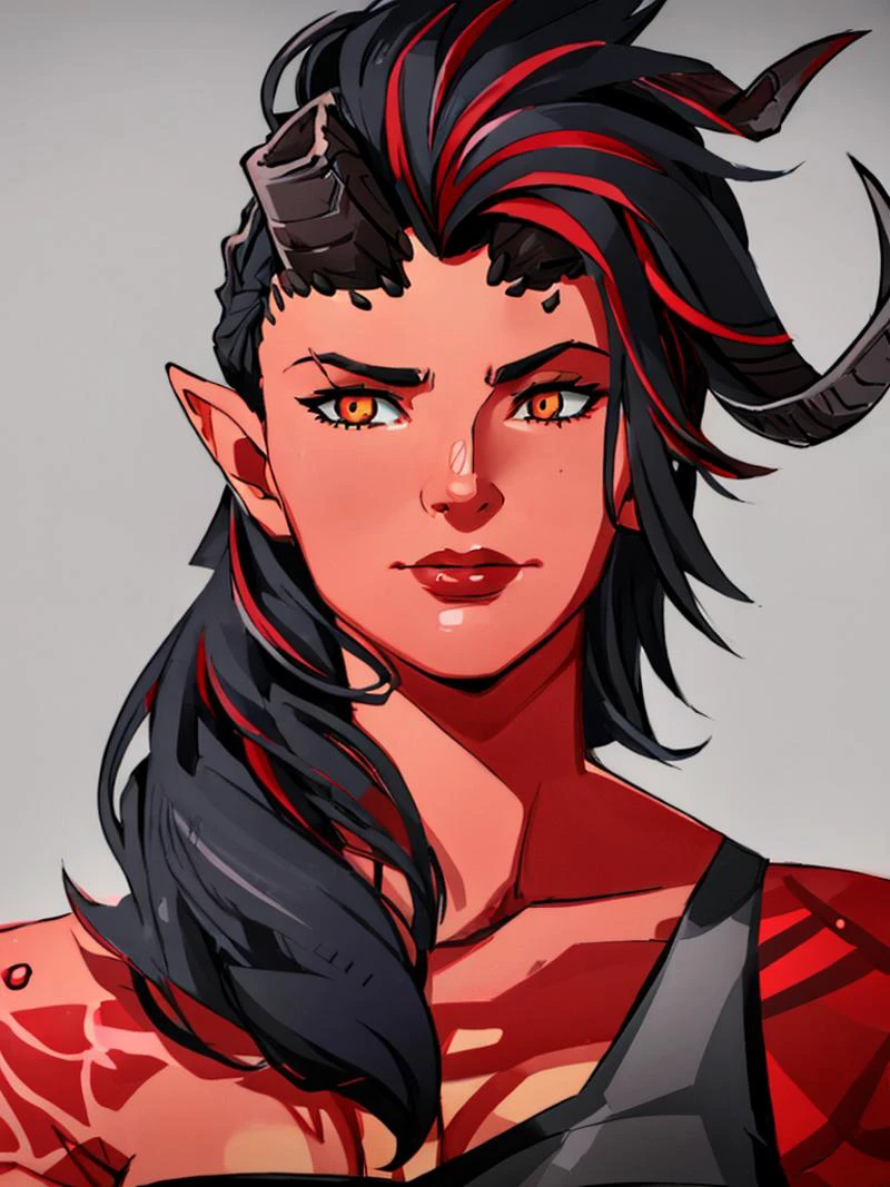 simple grey background, extremely detailed, beautiful face, soft lighting, highly detailed face,
woman, adult,
upper body, portrait,
demon girl, red skin, horns on her head,
hair_between_eyes,
black hair with red highlights,
(straight-on), (looking_at_viewer),
muscular: 0.5,
solo,
highres, <lora:BGKarlach:0.9> BGKarlach