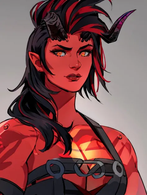 horns, simple grey background, extremely detailed, beautiful face, soft lighting, highly detailed face, professional artwork,
woman, adult,
upper body, portrait,
cleavage, breasts,
demon girl, (red skin),
hair_between_eyes,
black hair with red highlights,
(straight-on), (looking_at_viewer),
muscular: 0.6,
solo,
highres, <lora:BGKarlach:0.9> BGKarlach