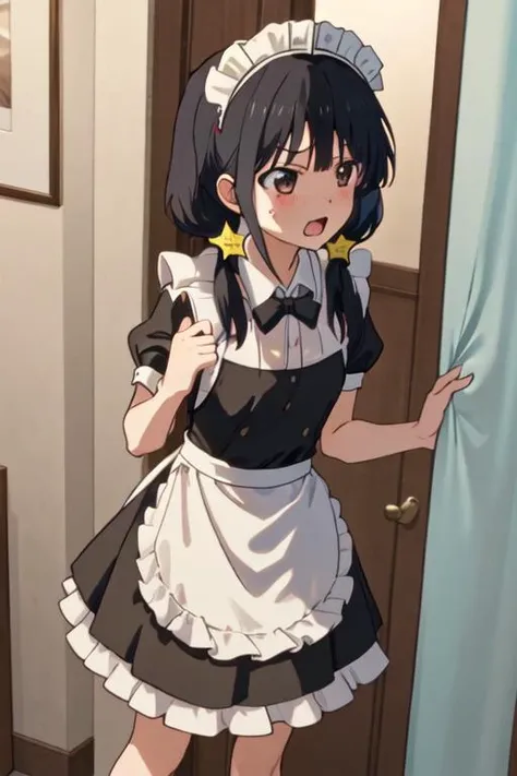 best quality, masterpiece, highres, solo, {maid:1.40}, {long maid dress:1.15}, {akutsu_ruri_ahogirl:1.15}, black_hair, star_\(symbol\), twintails, hair_ornament, brown_eyes, open_mouth, long_hair, star_hair_ornament