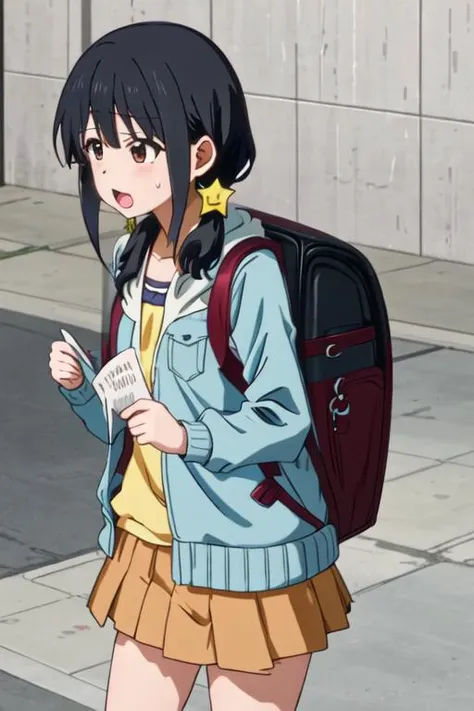 best quality, masterpiece, highres, solo, {akutsu_ruri_ahogirl:1.15}, black_hair, star_\(symbol\), twintails, hair_ornament, brown_eyes, open_mouth, long_hair, star_hair_ornament, 1girl, backpack, bag, randoseru, low_twintails, sweatdrop