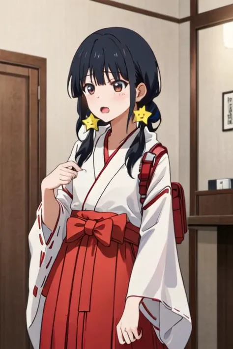 best quality, masterpiece, highres, solo, {white kimono:1.35}, {red hakama:1.35}, {wide sleeves:1.20}, {akutsu_ruri_ahogirl:1.15}, black_hair, star_\(symbol\), twintails, hair_ornament, brown_eyes, open_mouth, long_hair, star_hair_ornament