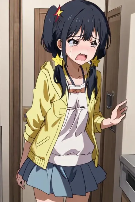 best quality, masterpiece, highres, solo, {akutsu_ruri_ahogirl:1.15}, black_hair, star_\(symbol\), twintails, hair_ornament, brown_eyes, open_mouth, long_hair, star_hair_ornament, 1girl, subtitled, tears, crying, parody