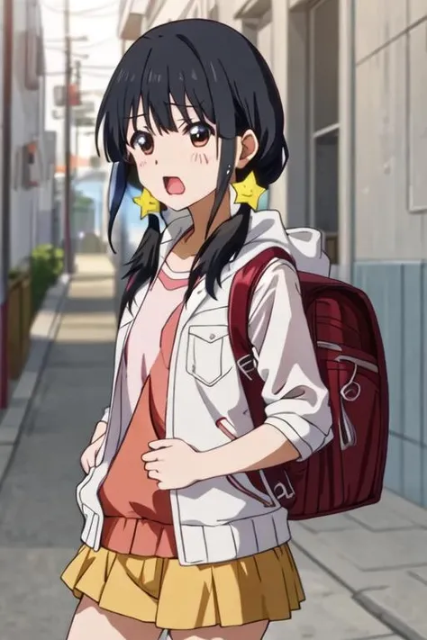 best quality, masterpiece, highres, solo, {akutsu_ruri_ahogirl:1.15}, black_hair, star_\(symbol\), twintails, hair_ornament, brown_eyes, open_mouth, long_hair, star_hair_ornament