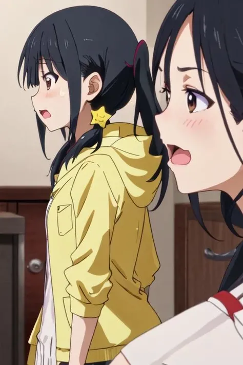 best quality, masterpiece, highres, solo, {akutsu_ruri_ahogirl:1.15}, black_hair, star_\(symbol\), twintails, hair_ornament, brown_eyes, open_mouth, long_hair, star_hair_ornament, 1girl, hood, hoodie, low_twintails, profile, upper_body