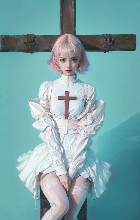 xuer the cross,1girl,solo,sitting,blue background,cross,long hair,simple background,bangs,long sleeves,pink hair,breasts,puffy sleeves,latin cross,
<lora:~Q?-SA[Wg xuer the cross:0.8>,