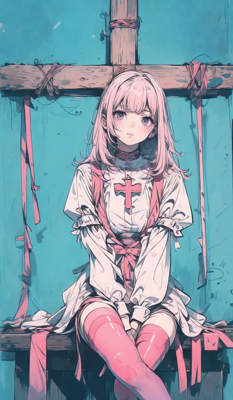 xuer the cross,1girl,solo,sitting,blue background,cross,long hair,simple background,bangs,long sleeves,pink hair,breasts,puffy sleeves,latin cross,
<lora:~Q?-SA[Wg xuer the cross:0.8>,