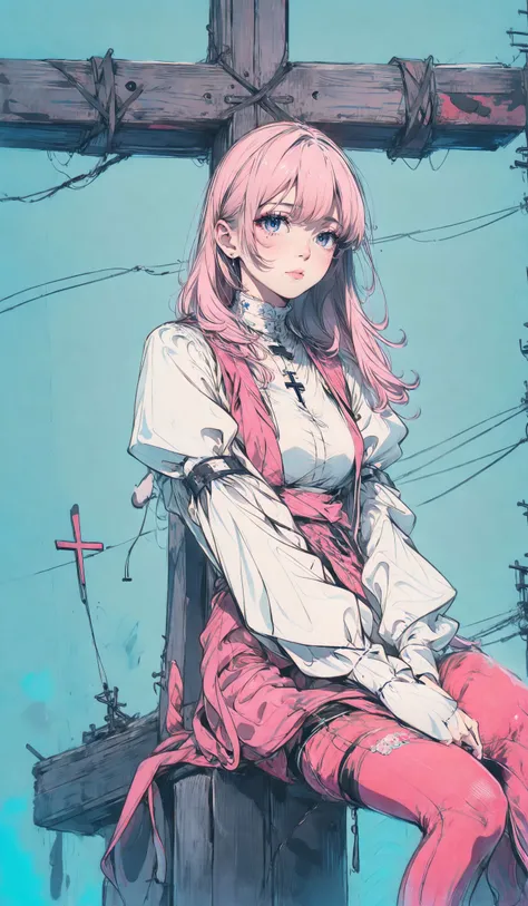 xuer the cross,1girl,solo,sitting,blue background,cross,long hair,simple background,bangs,long sleeves,pink hair,breasts,puffy sleeves,latin cross,
<lora:~Q?-SA[Wg xuer the cross:0.8>,