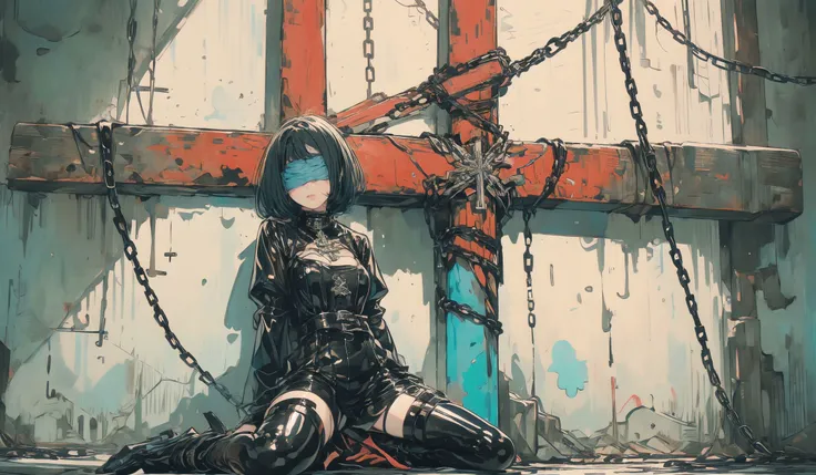 xuer the cross,chain,solo,blindfold,cross,high heels,1girl,short hair,latex,bound,chained,black hair,restrained,shiny clothes,kneeling,collar,blue hair,sitting,cuffs,straitjacket,wall,long sleeves,black footwear,bdsm,shiny,latin cross,
<lora:~Q?-SA[Wg xuer the cross:0.8>,