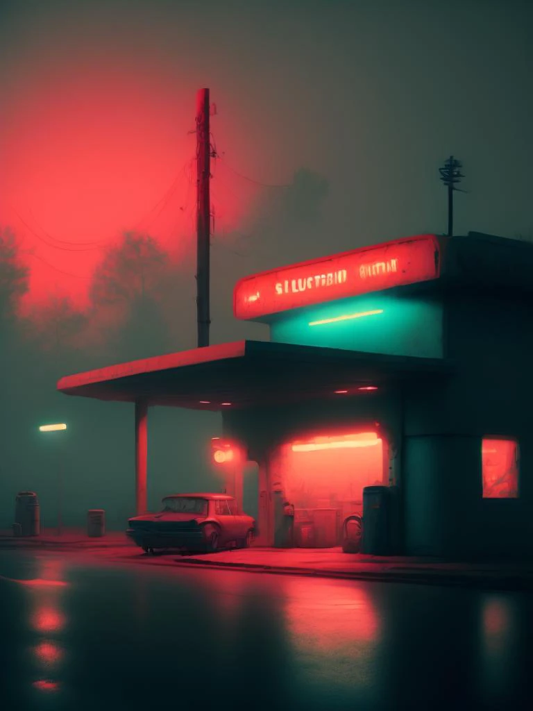 <lora:CodyEllingham:1>in the fog, suburban, 1980s era, retro futuristic, style by Simon Stlenhag +. Tales from the loop, , night, eerie, ominous, red lights, teal lights, dystopian, alone, decay, cinematic, surreal vibe, 35mm photograph by gregory crewdson,