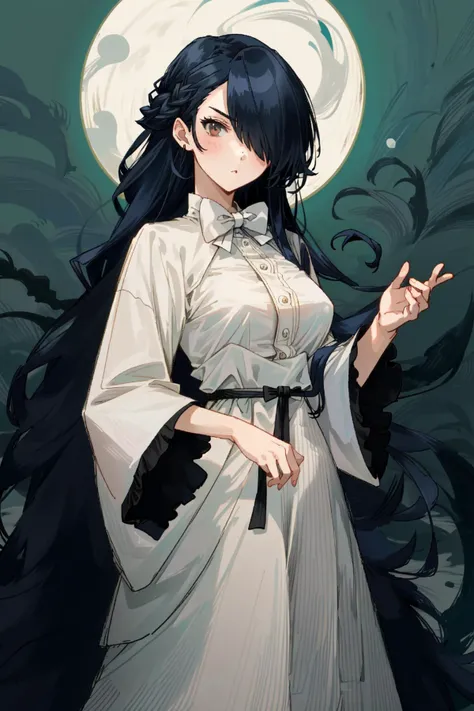 1girl, black hair, long hair, (white eyes:1.2), medium breasts, (mature female, aged up:1.3), serious, 
white dress, wide sleeves, long sleeves, (white bowtie:1.1), french braid, (hair over one eye:1.2),
darkness, night, (horror \(theme\):1.1), 
standing, looking at viewer, cowboy shot,  
 <lora:kasumi_lycoris:0.8> kasumi style