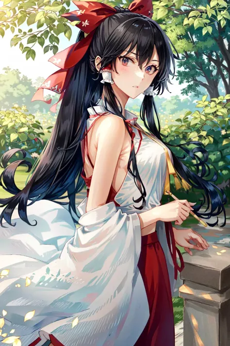 hakurei reimu, looking at viewer, serious, outdoors, from side, looking at viewer, solo
<lora:kasumi_lycoris:1>