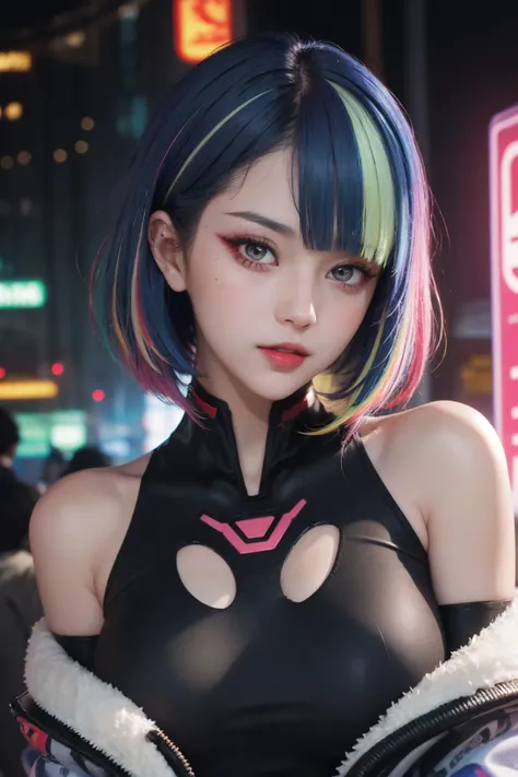 (masterpiece, best quality:1.3), lucy, 1girl, (multicolored hair:1.4), lucy (cyberpunk), cyberpunk,( bare shoulders:0.8), (smile:0.6), motion, sexy pose, looking at viewer, solo focus, bangs, red lips, messy hair, red eyeliner, elder sister, colorful hair, (profile:0.6),<lora:lucy0ax02:0.75>