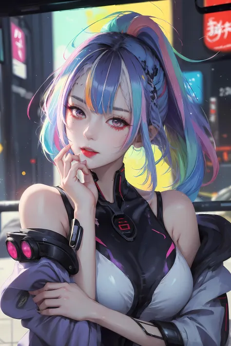 (masterpiece, best quality:1.3), Lucy, 1 girl, (colorful hair:1.4), Lucy (cyberpunk), cyberpunk,( bare shoulders:0.8), (Smile:0.6), looking at the audience, focus only, Bangs, red lips, , red eyeliner, elder sister, Colorful head profile:0.6),The chest is large