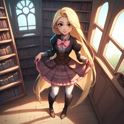 score_9, score_8_up, score_7_up, score_6_up, score_5_up, score_4_up, disney art, cartoon, cel-shaded, 
1girl, full body, long legs, rapunzel, blonde hair, very long hair, small breasts, 
, 
library, steampunk, window, light rays, 
standing, skirt lift, smile, from above, legs apart, looking at viewer, 
 <lora:ChamLudobicoUniformPonyXL:0.8> short skirt, LudobicoUniformCoat, pink bowtie, waistcoat, black vest, buttons, coattails, long sleeves, puffy sleeves, corset, plaid skirt, frilled skirt, white thighhighs, knee boots