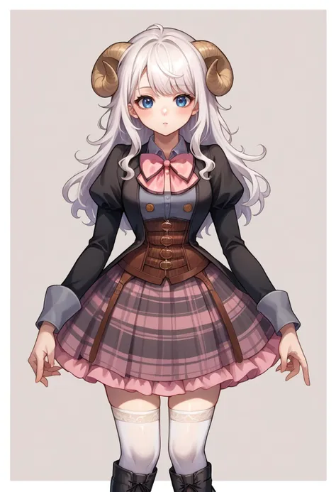 score_9, score_8_up, score_7_up, source_anime, 1girl, solo, white hair, long hair, messy hair, sheep girl, sheep horns, pale skin, LudobicoUniformCoat, pink bowtie, waistcoat, black vest, buttons, coattails, long sleeves, puffy sleeves, corset, plaid skirt, frilled skirt, white thighhighs, knee boots, <lora:ChamLudobicoUniformPonyXL-000003:1>