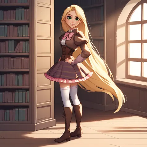 score_9, score_8_up, score_7_up, score_6_up, score_5_up, score_4_up, disney art, cartoon, cel-shaded, 
1girl, full body, long legs, rapunzel, blonde hair, very long hair, small breasts, 
, 
library, steampunk, window, light rays, 
standing, hands on own hips, smile, side view, legs apart, looking at viewer, 
 <lora:ChamLudobicoUniformPonyXL:0.8> short skirt, LudobicoUniformJacket, pink bowtie, brown jacket, juliet sleeves, open jacket, white shirt, corset, plaid skirt, frilled skirt, white thighhighs, knee boots