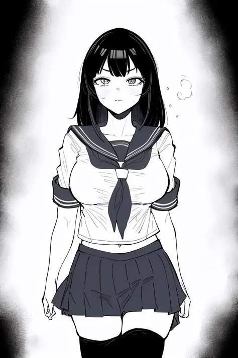 masterpiece, best quality, drawn in the artstyle of <lora:KaimanGarupanV1-000080:1>, 1girl, black hair, serafuku, thighhighs, zettai ryouiki, monochrome, large breasts