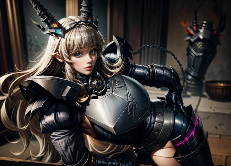 BarghestStage1, 1girl, silver armor, long hair, blonde hair, solo, gauntlets, pauldrons, shoulder armor, horns, breastplate, chain, large breasts, breasts, bangs, looking at viewer, weapon, faulds, blue eyes, ,<lora:Barghest:1>,