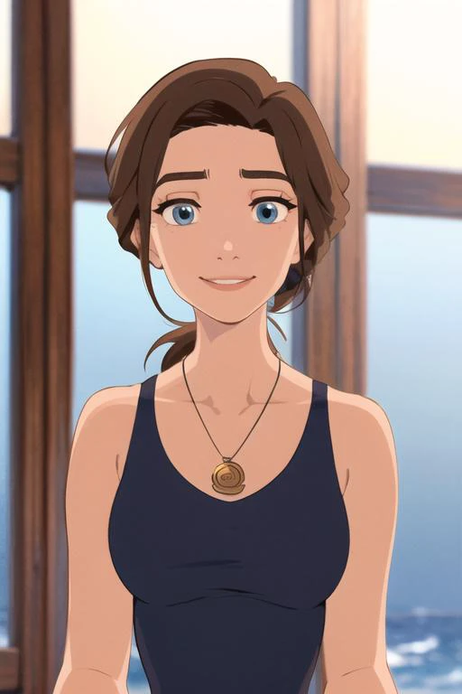 masterpiece, best quality, <lora:sarah_hawkins:0.75> sarah_hawkins, 1girl, solo, blue eyes, brown hair, long hair, smile, navy dress, v-neck, sleeveless, necklace, (delicate face and eyes), low ponytail, ocean,