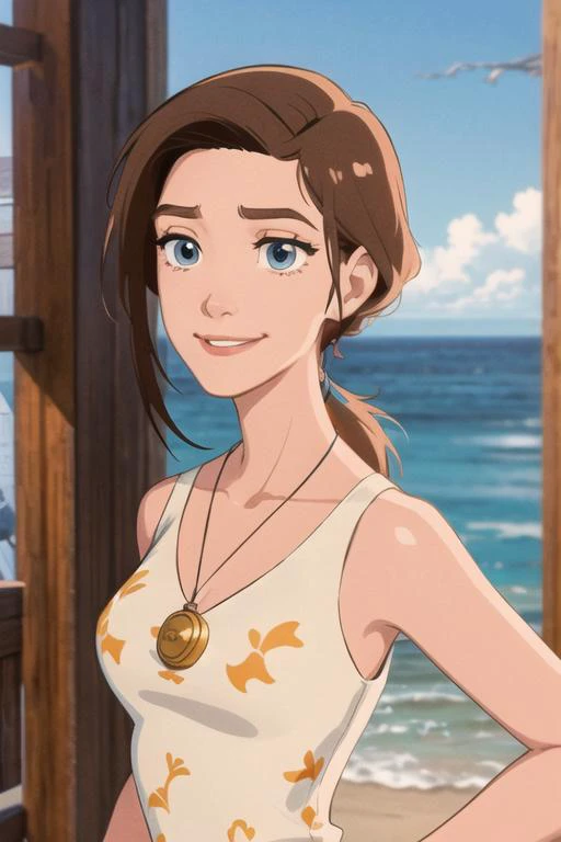 masterpiece, best quality, <lora:sarah_hawkins:0.75> sarah_hawkins, 1girl, solo, blue eyes, brown hair, long hair, smile, nautical-print elegant dress, v-neck, sleeveless, necklace, (delicate face and eyes), low ponytail, ocean,