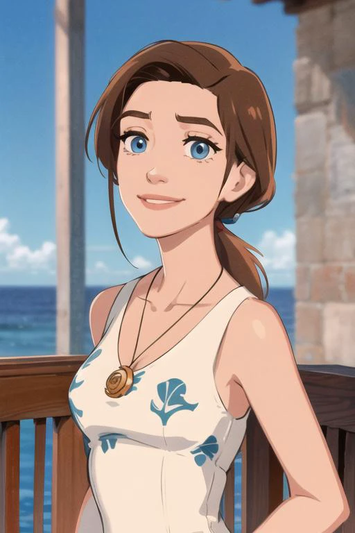 masterpiece, best quality, <lora:sarah_hawkins:0.75> sarah_hawkins, 1girl, solo, blue eyes, brown hair, long hair, smile, nautical-print elegant dress, v-neck, sleeveless, necklace, (delicate face and eyes), low ponytail, ocean,