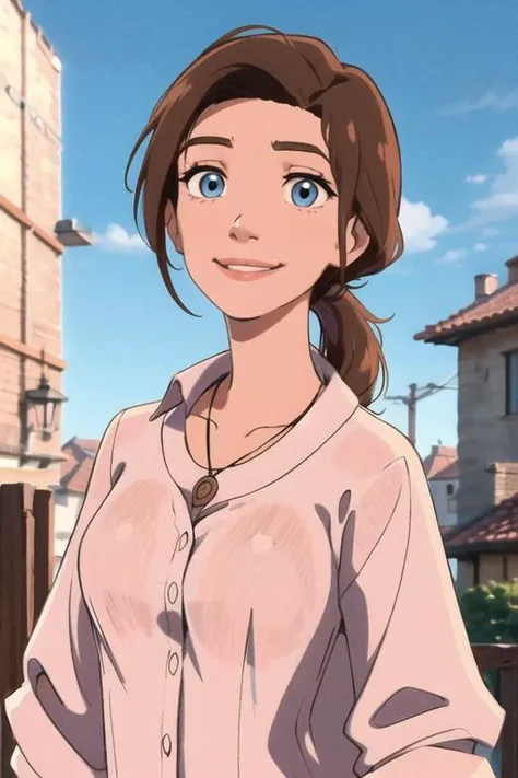 masterpiece, best quality, <lora:sarah_hawkins:0.75> sarah_hawkins, 1girl, solo, blue eyes, brown hair, long hair, smile, pink (button-up:1.2) blouse, necklace, (delicate face and eyes), low ponytail, village street,