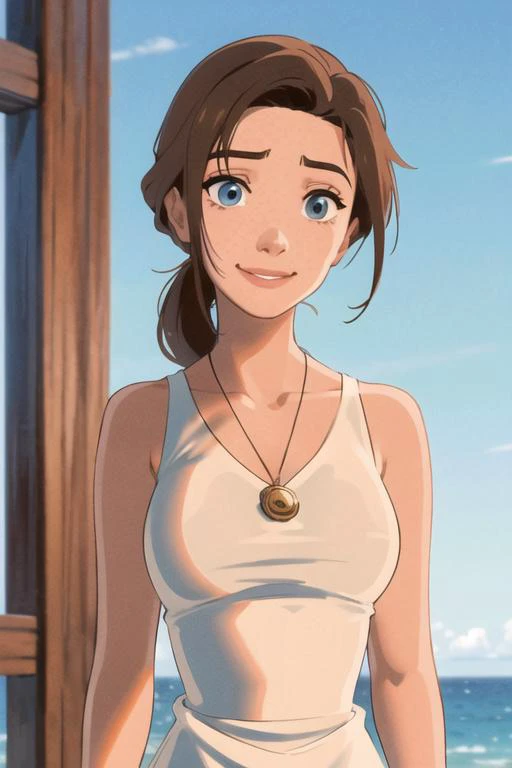 masterpiece, best quality, <lora:sarah_hawkins:0.75> sarah_hawkins, 1girl, solo, blue eyes, brown hair, long hair, smile, navy dress, v-neck, sleeveless, necklace, (delicate face and eyes), low ponytail, ocean,