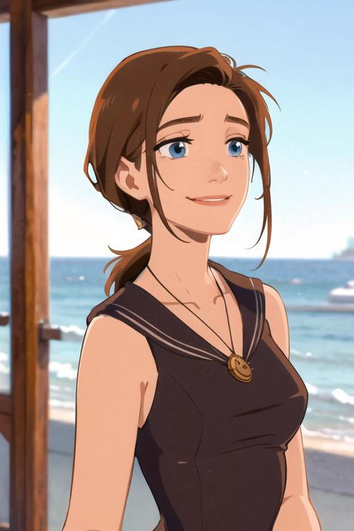 masterpiece, best quality, <lora:sarah_hawkins:0.75> sarah_hawkins, 1girl, solo, blue eyes, brown hair, long hair, smile, sailor dress, v-neck, sleeveless, necklace, (delicate face and eyes), low ponytail, ocean,