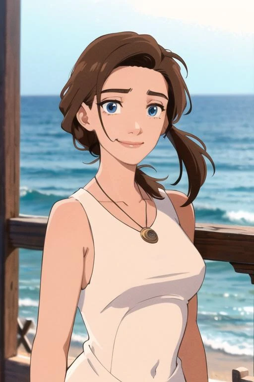 masterpiece, best quality, <lora:sarah_hawkins:0.75> sarah_hawkins, 1girl, solo, blue eyes, brown hair, long hair, smile, navy dress, v-neck, sleeveless, necklace, (delicate face and eyes), low ponytail, ocean,