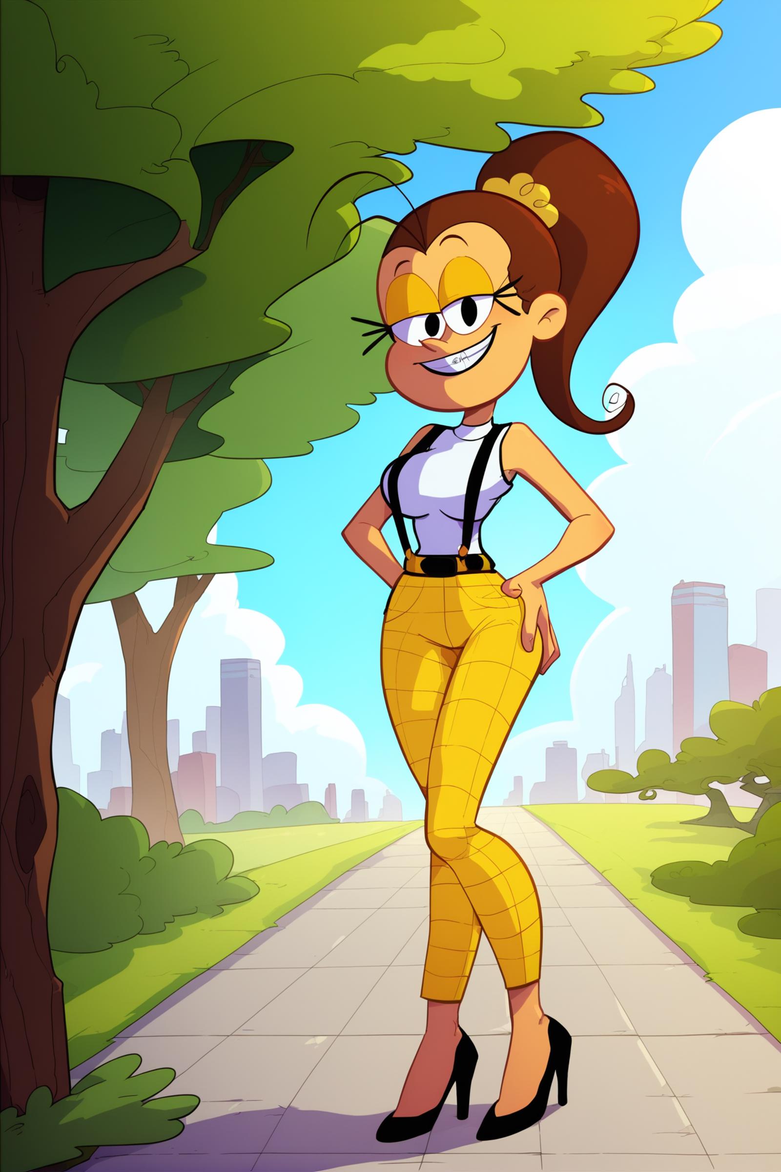 A cartoon girl in yellow pants and a white shirt standing on a sidewalk ...