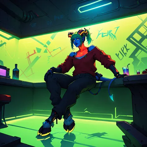 score_9,score_8_up,score_7_up,score_6_up, mechanical parts,  cyberpunk 2077, cyborg,  indoors, glowing floor,  bar,  demon, draenei, far shot, full body, hooves, sitting, horns, glowing horns,
ponytail, bangs,  cyberpunk,  bright lighting,  iridescent glow,  mechanical arms, neon,  silhouette,  detailed,
third quarter shot,1girl, graffiti,loose pants, jewelry,<lora:Lunas-Sparrow-SDXL-A1:1> <lora:vivid_everclear:0.4>, volumetric lighting, depth of field, cinematic, vibrant, shadows, detailed,