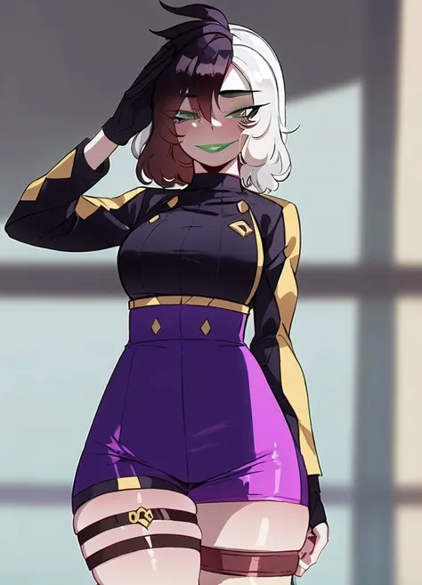 1girl, ratatatat74_style, <lora:ratatatat74-24:1> ,<lora:yorra_villeneuve-09:1> yorra_villeneuve, (green eyes, green lips), (thigh strap, single thighhigh,purple high waist shorts, black sweater , long sleeves, single glove:1.2), smile