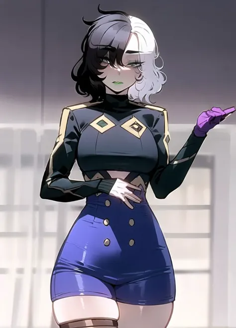 masterpiece,1girl, ratatatat74_style, <lora:ratatatat74-32:1> ,
<lora:yorra_villeneuve-09:1> yorra_villeneuve, (green eyes, green lips), (thigh strap, single thighhigh,purple high waist shorts, black sweater , long sleeves, single glove:1.2)