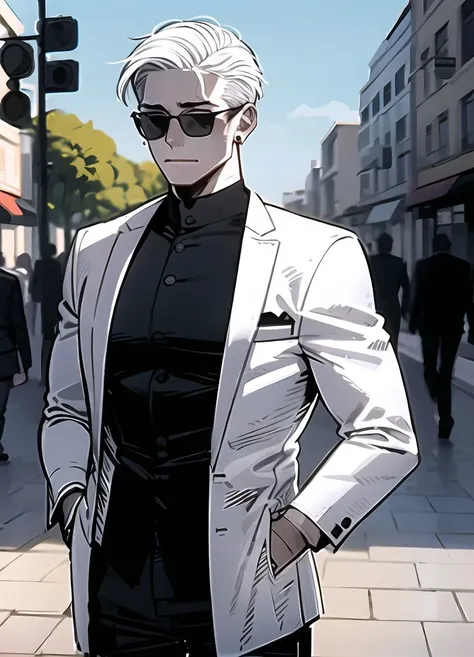 masterpiece,1boy, ratatatat74_style, <lora:ratatatat74-32:1> , muscular, tight,black pants, suit, white shirt, open jacket, earrings, street, outdoors, hands in pockets, white hair, undercut, detailed shadows, detailed background, wind, cowboy shot