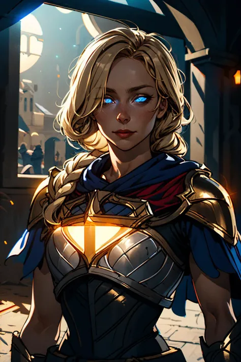 lux, luxanna crownguard, upper body of paladin lady in ornate golden armor, black collar, pauldrons, breastplate, corset, glowing halo, single braid, blonde, blue eyes, bright pupils, eye focus, red cape, temple indoors, stained glass windows, night, moonlight, particles, light beam, chromatic aberration, <lora:lux-000016:1>, <lyco:ratatatat74-32:0.6>