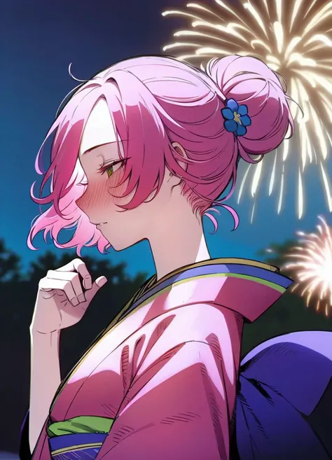 masterpiece,1girl, ratatatat74 <lora:ratatatat74_pruned-71:1> ,solo, detailed background, kimono, hair flower, hair bun, pink hair,fireworks, night, outdoors, blush, detailed shadows