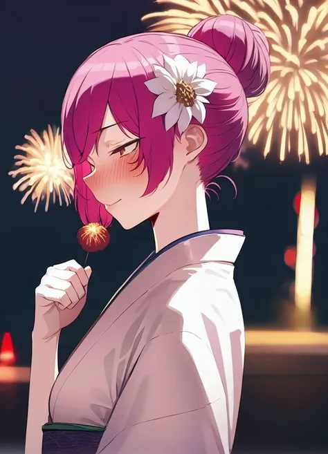 masterpiece,1girl, ratatatat74_style, <lora:ratatatat74-24:1> ,solo, detailed background, kimono, hair flower, hair bun, pink hair,fireworks, night, outdoors, blush, detailed shadows