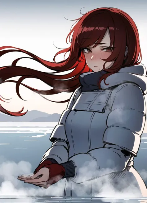 masterpiece,1girl, ratatatat74_style, <lora:ratatatat74-32:1> , outdoors, winter, winter coat, snow, red hair, very long hair, nose blush, steam, frozen lake, birds, looking at viewer, floating hair, wind, cupping hands,