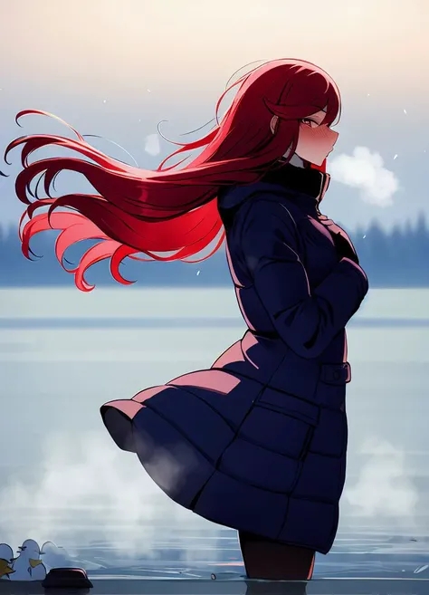 masterpiece,1girl, ratatatat74_style, <lora:ratatatat74-24:1> ,outdoors, winter, winter coat, snow, red hair, very long hair, nose blush, steam, frozen lake, birds, looking at viewer, floating hair, wind, cupping hands,