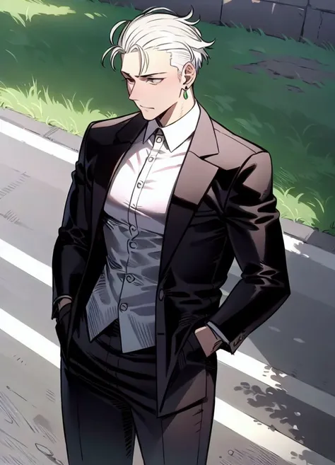 masterpiece,1boy, ratatatat74 <lora:ratatatat74_pruned-71:1> , cowboy shot,solo,muscular, tight,black suit, white shirt, open jacket, earrings, street, outdoors, hands in pockets, white hair, undercut, detailed shadows, detailed background, wind