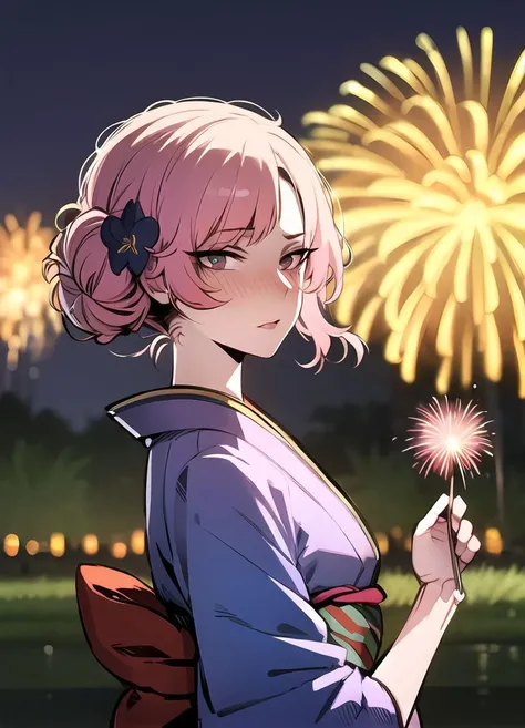 masterpiece,1girl, ratatatat74_style, <lora:ratatatat74-32:1> , solo, detailed background,
kimono, hair flower, hair bun, pink hair,fireworks, night, outdoors, blush, detailed shadows