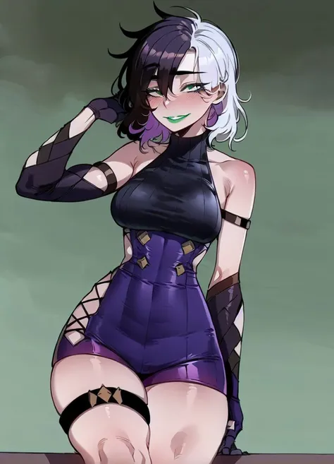 1girl, ratatatat74 <lora:ratatatat74_pruned-71:1> ,<lora:yorra_villeneuve-09:1> yorra_villeneuve, (green eyes, green lips), (thigh strap, single thighhigh,purple high waist shorts, black sweater , long sleeves, single glove:1.2), smile