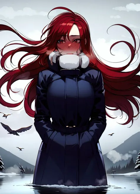 masterpiece,1girl, ratatatat74 <lora:ratatatat74_pruned-71:1> ,outdoors, winter, winter coat, snow, red hair, very long hair, nose blush, steam, frozen lake, birds, looking at viewer, floating hair, wind, cupping hands,