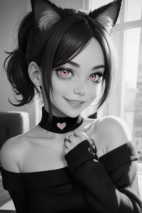 highres, ashleygraves, 1girl, solo, wide open eyes, (pink eyes), low ponytail, white outline, ((monochrome)), choker, (color black, off the shoulder sweater), indoors, smile, <3, cat ears, close up, thumb up, one hand, spoken heart, <lora:Ashley-768-5:0.1>