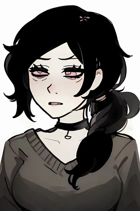 best quality, masterpiece, ultra high res, high detail, simple background, white background, <lora:AshleyTest2:0.95>, ashleygraves, 1girl, wide open eyes, pink eyes, (flushed face:1.2), closed mouth, lipstick, black hair, low ponytail, white outline, monochrome, choker, <lora:Doomers:0.9>, (upper body:1.2)
