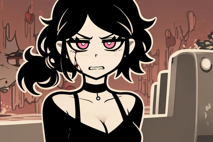 masterpiece, highres, ashleygraves, 1girl, solo, wide open eyes, pink eyes low ponytail, black hair, middle hair, white outline, monochrome, detailed medium breasts, choker, angry, looking at the viewer, determined look, upper body, ((red blood in the background)),