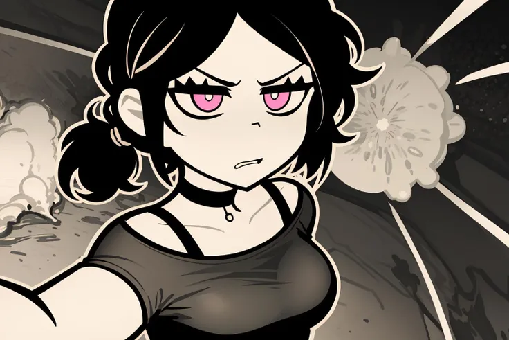 masterpiece, highres, ashleygraves, 1girl, solo, wide open eyes, pink eyes low ponytail, black hair, middle hair, white outline, monochrome, detailed medium breasts, choker, angry, looking at the viewer, determined look, upper body, ((atomic explosion in the background)),