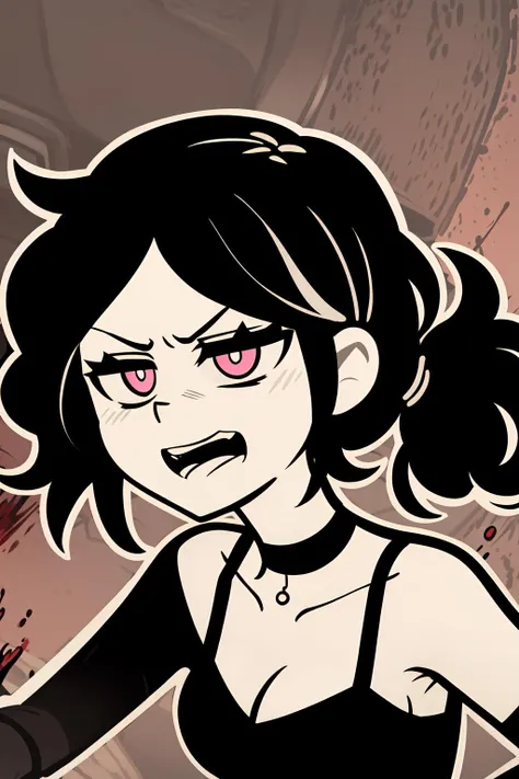 masterpiece, highres, ashleygraves, 1girl, solo, wide open eyes, pink eyes low ponytail, black hair, middle hair, white outline, monochrome, detailed medium breasts, choker, angry, looking at the viewer, determined look, upper body, ((red blood in the background))