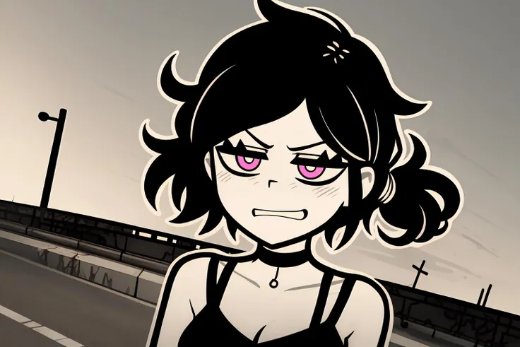 highres, ashleygraves, 1girl, solo, wide open eyes, pink eyes, low ponytail, black hairs, white outline, monochrome, choker, outdoors, smile, walking, looking at viewer, angry, frown, upper body, wasteland in the background, on the road, clenched teeth