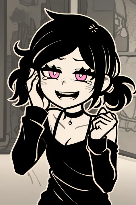 highres, ashleygraves, 1girl, solo, wide open eyes, pink eyes, low ponytail, white outline, monochrome, choker, burst in laugh, tear, smile, happy, blush, hand on own face, face closeup